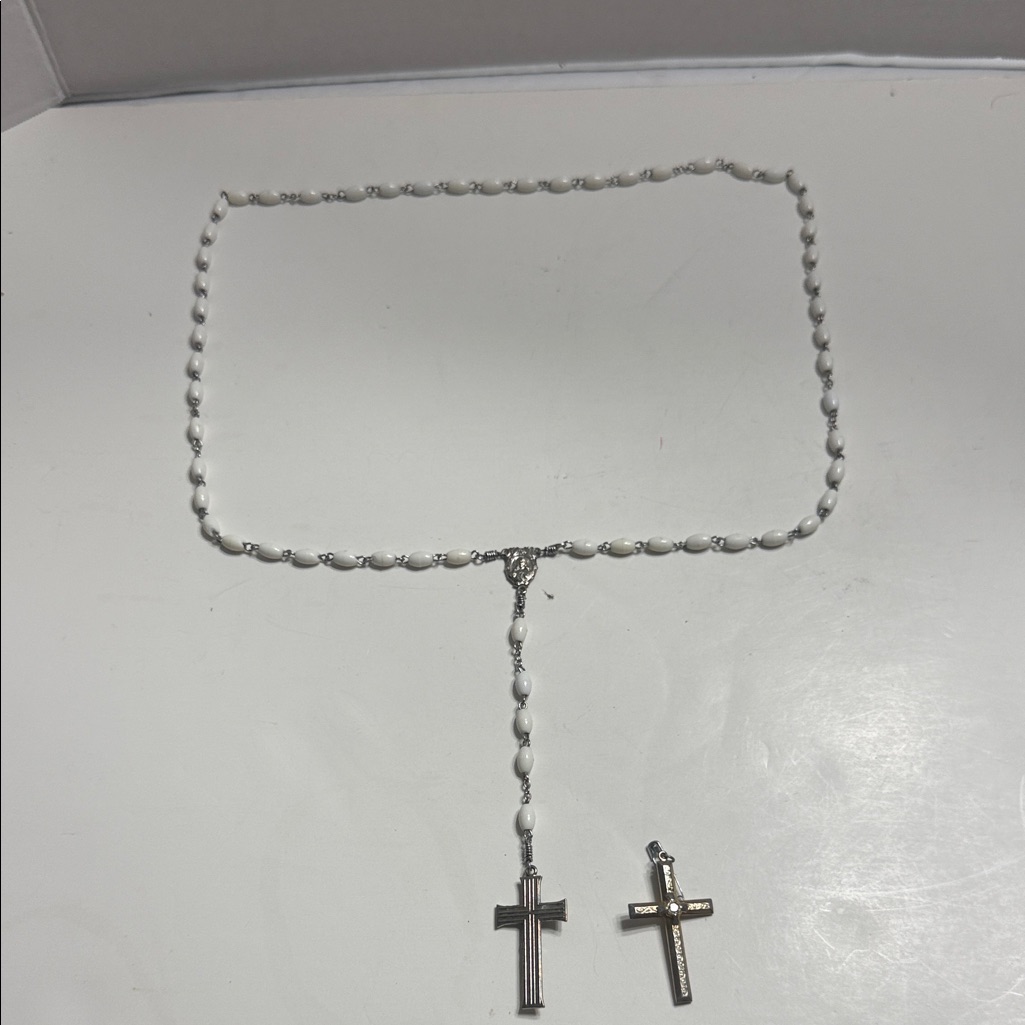 Elegant White Rosary Necklace With Cross Pendants